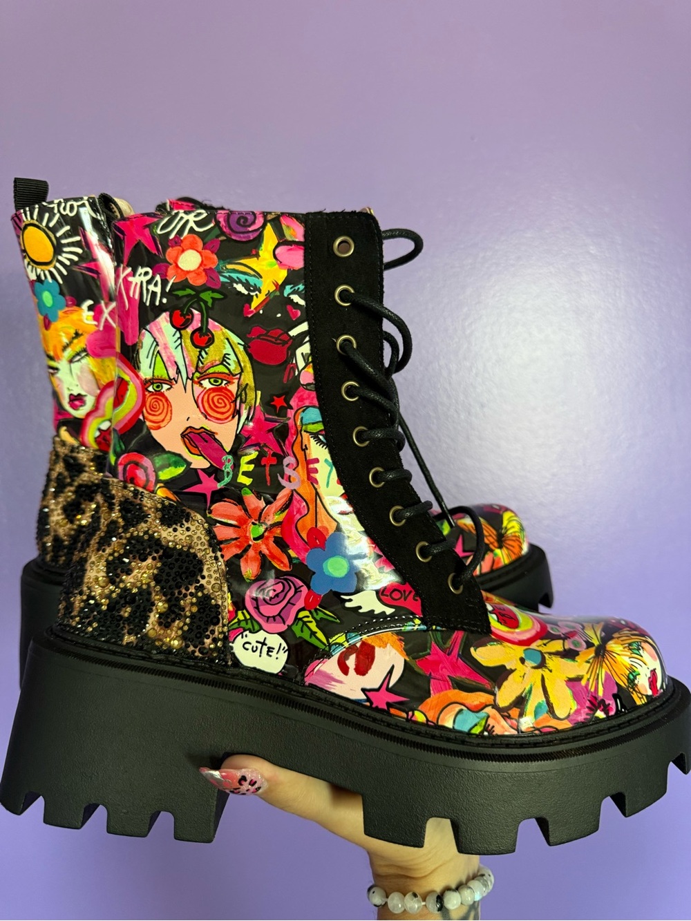 Betsey Johnson Black Multi Floral & Leopard Lace-Up Combat Boots